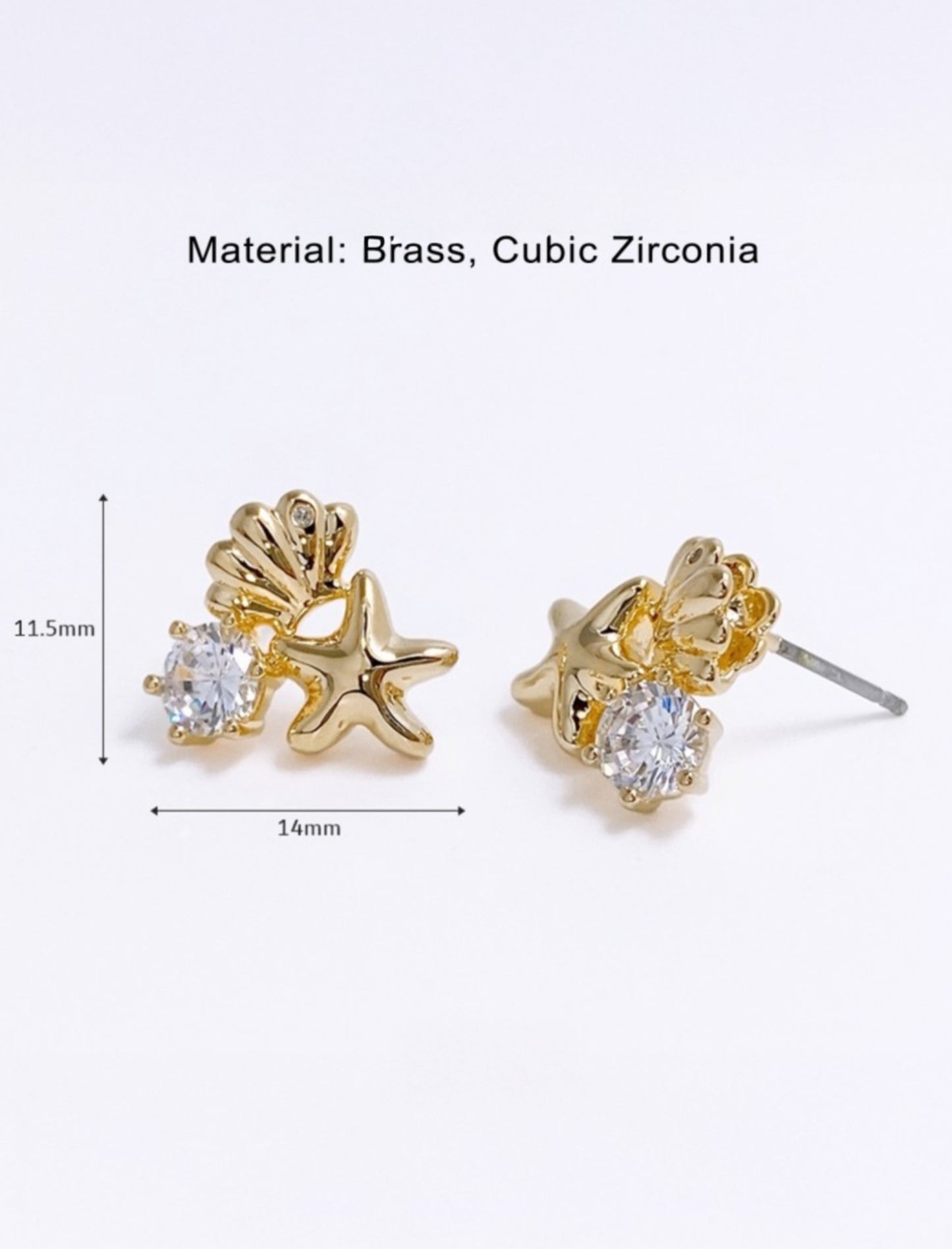 Mermaidcore Shell & Starfish Cubic Zirconia Stud Earrings | Hypoallergenic Titanium Post | Gold & Silver