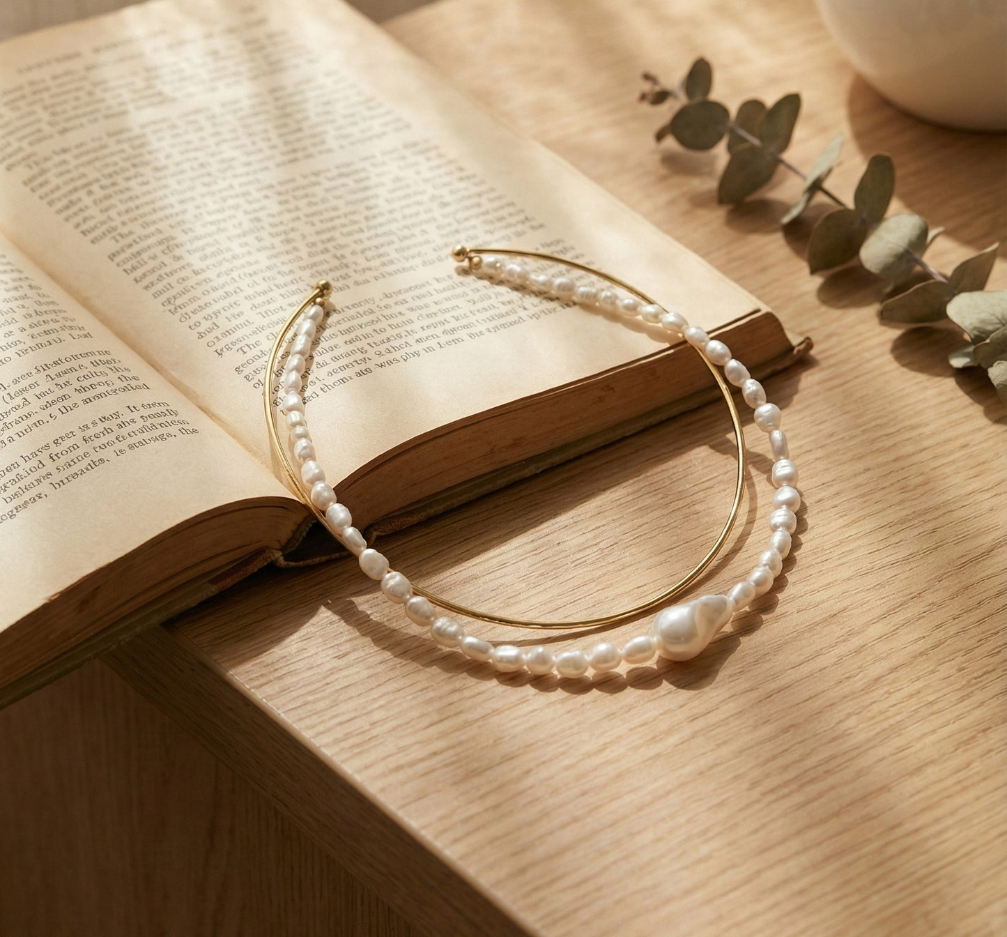 Double Strand Freshwater Pearl & Brass Wire Choker Necklace - Gold/Silver