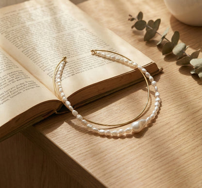 Double Strand Freshwater Pearl & Brass Wire Choker Necklace - Gold/Silver