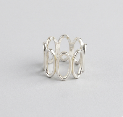 925 Sterling Silver Bold Wide Band Ring - Lace Lattice & Oval Loop