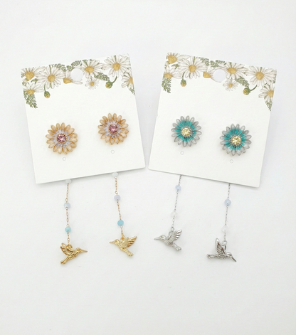 Handmade Daisy Flower Hummingbird Front-Back Drop Earrings - Titanium Post