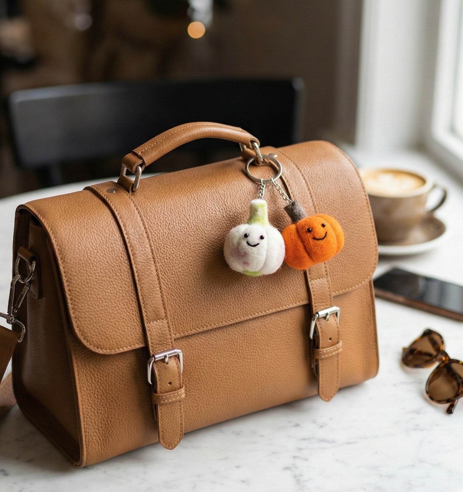 Felt vegetable keychains on brown leather satchel with coffee