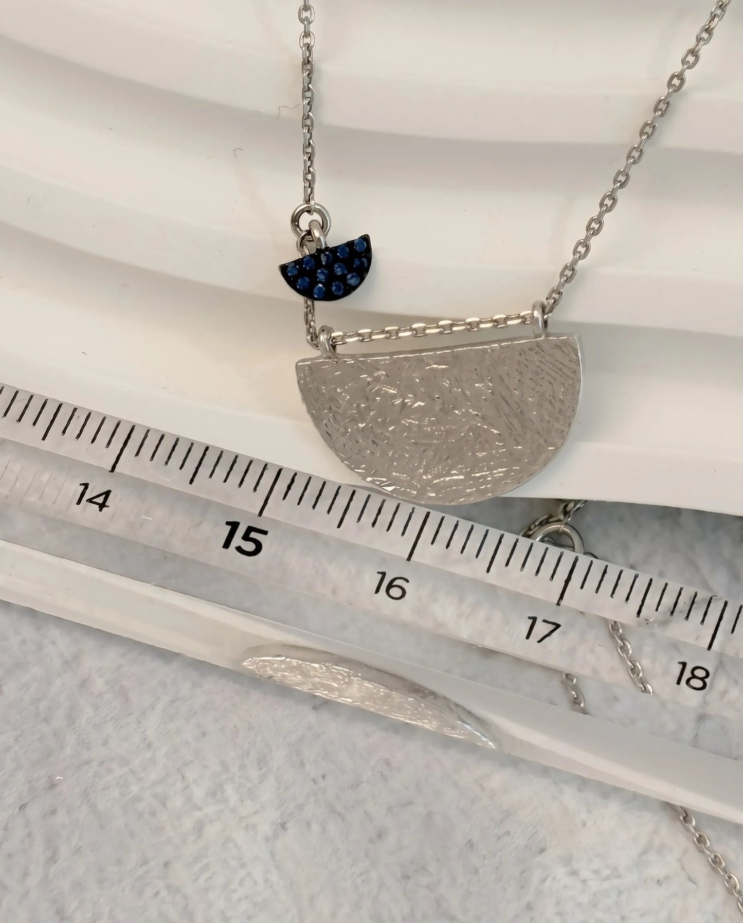 925 Sterling Silver Hammered Half-Moon Necklace with Blue CZ Heart Charm