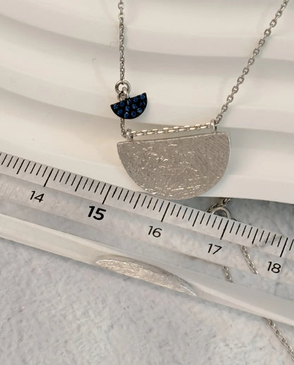 925 Sterling Silver Hammered Half-Moon Necklace with Blue CZ Heart Charm