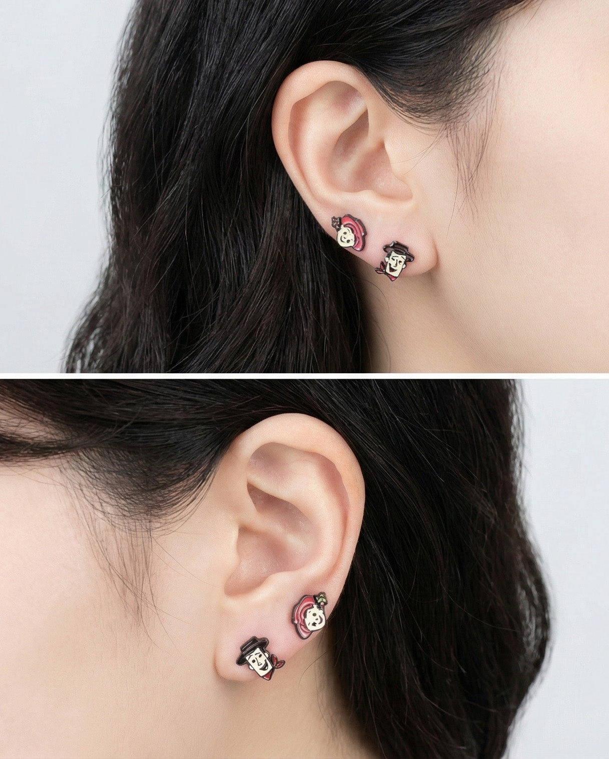 Woody and Jessie character earrings paired together on ear cute couple matching studs