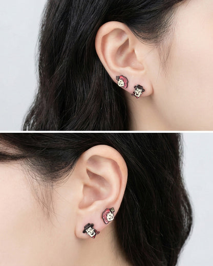 Woody and Jessie character earrings paired together on ear cute couple matching studs