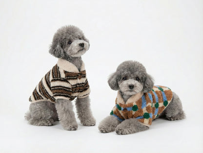 Cozy Sherpa Fleece Dog Cardigan - Button-Up Winter Coat Check & Stripe