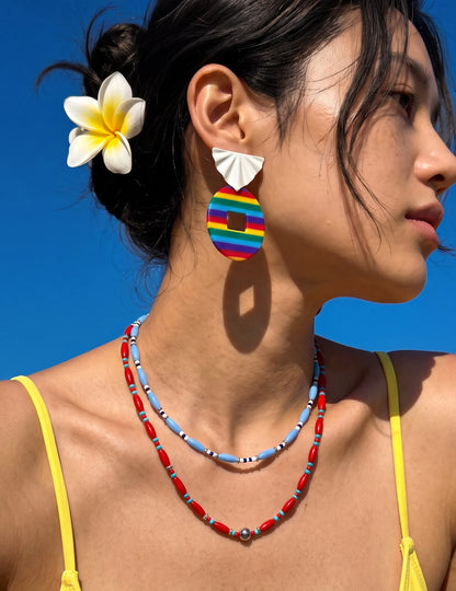Hawaii bikini OOTD rainbow stripe acrylic drop earrings, hypoallergenic titanium post K-style look