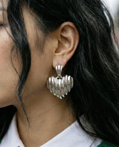 Chunky Ribbed Heart Earrings - Vintage Gold & Silver Statement Studs