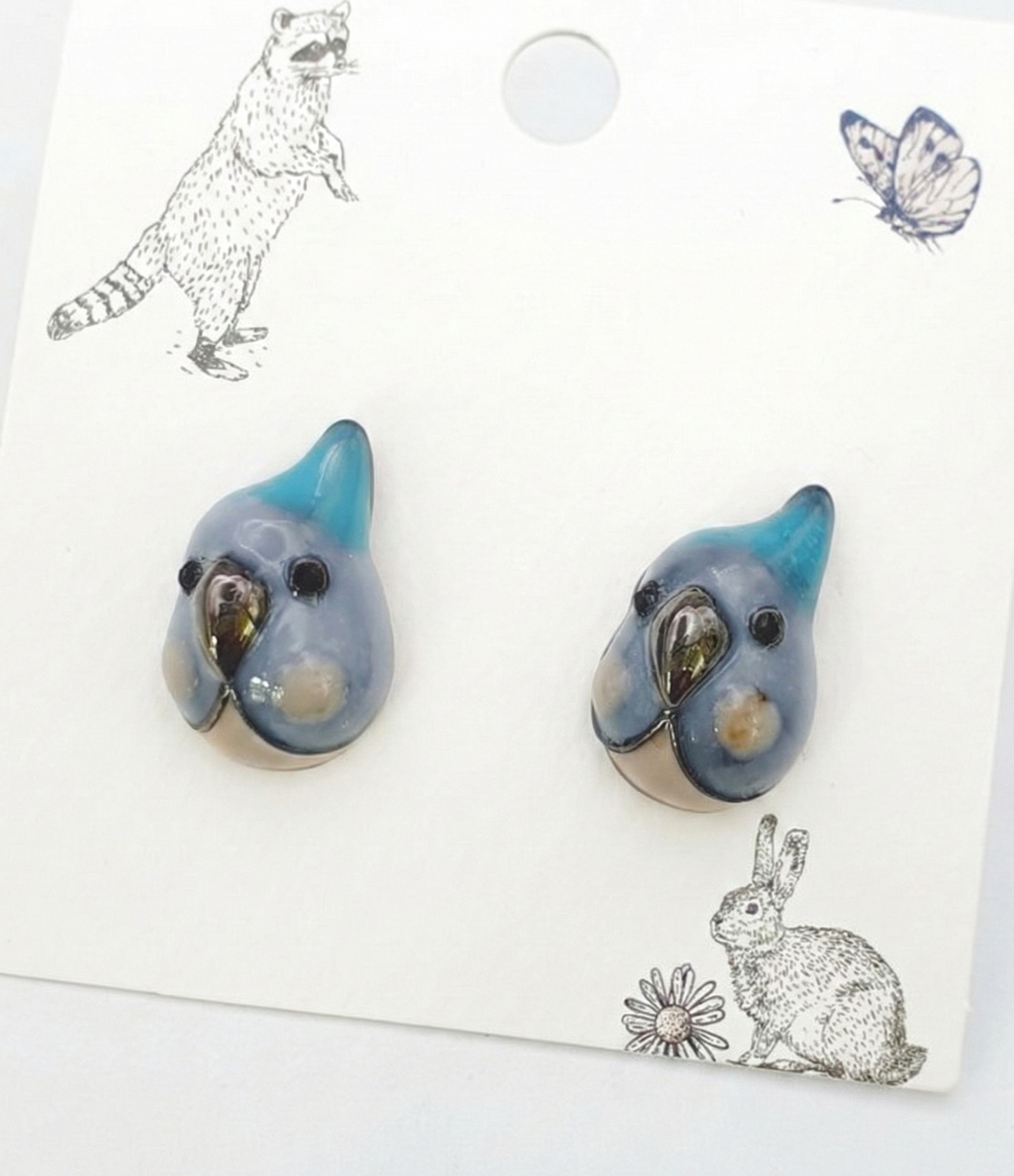 Handmade Cockatiel & Blue Parrot Stud Earrings Pair | Hypoallergenic Titanium Post | Korean Kawaii Animal Jewelry