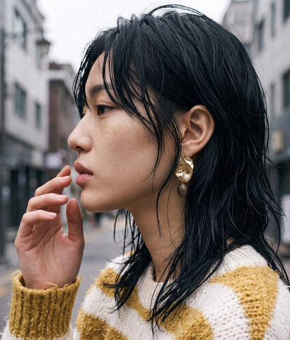 Gold Hammered Pearl Drop Earrings | K-Style Statement | Titanium Post