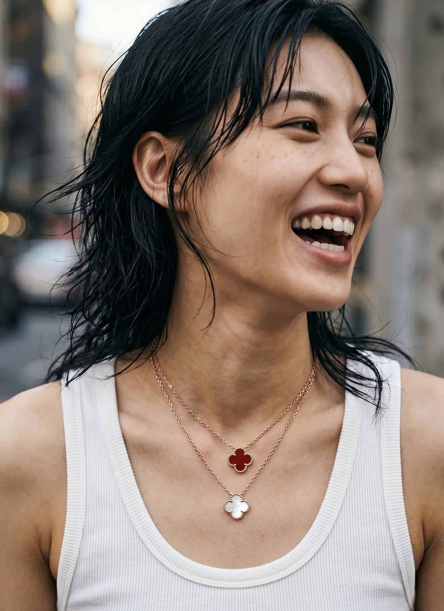  Carnelian red and mother of pearl clover necklace double layer on white ribbed tank top layered cut street style
