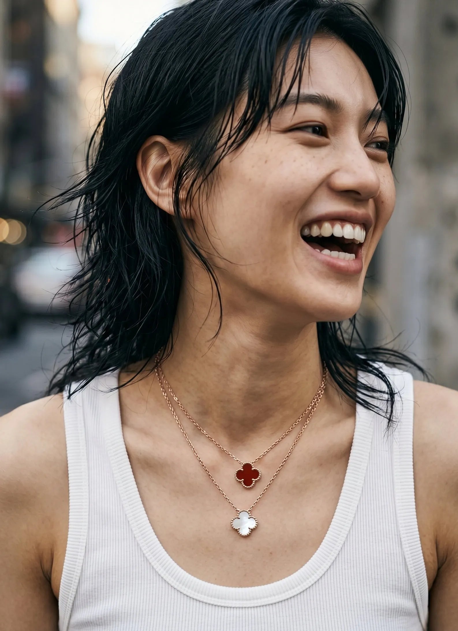  Carnelian red and mother of pearl clover necklace double layer on white ribbed tank top layered cut street style