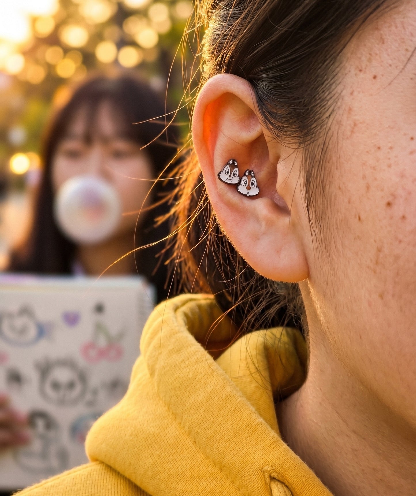 Double inner helix Chip and Dale character piercing stud combination, stacked ear piercing inspo, hypoallergenic Disney jewelry for sensitive ears