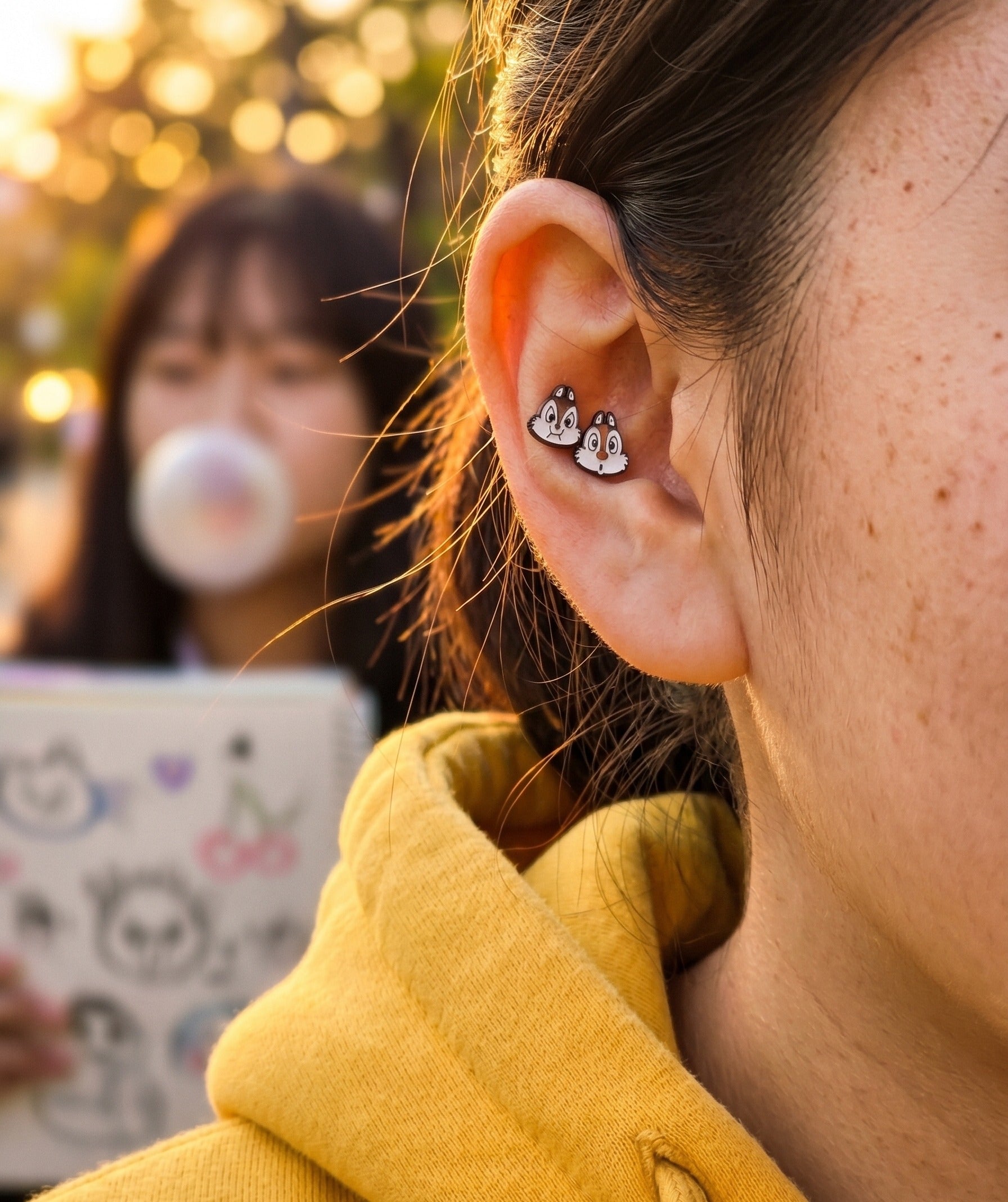 Double inner helix Chip and Dale character piercing stud combination, stacked ear piercing inspo, hypoallergenic Disney jewelry for sensitive ears