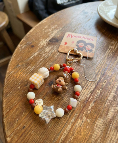 Vintage Monchhichi Beaded Keychain - Y2K Gingham Bag Charm (Pink/Yellow)