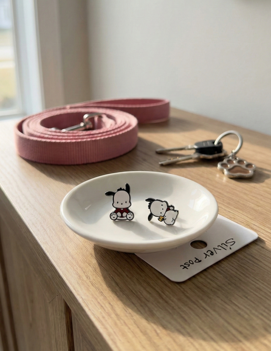 Pochacco asymmetrical stud earrings on white ceramic dish with pink dog leash and silver keychain