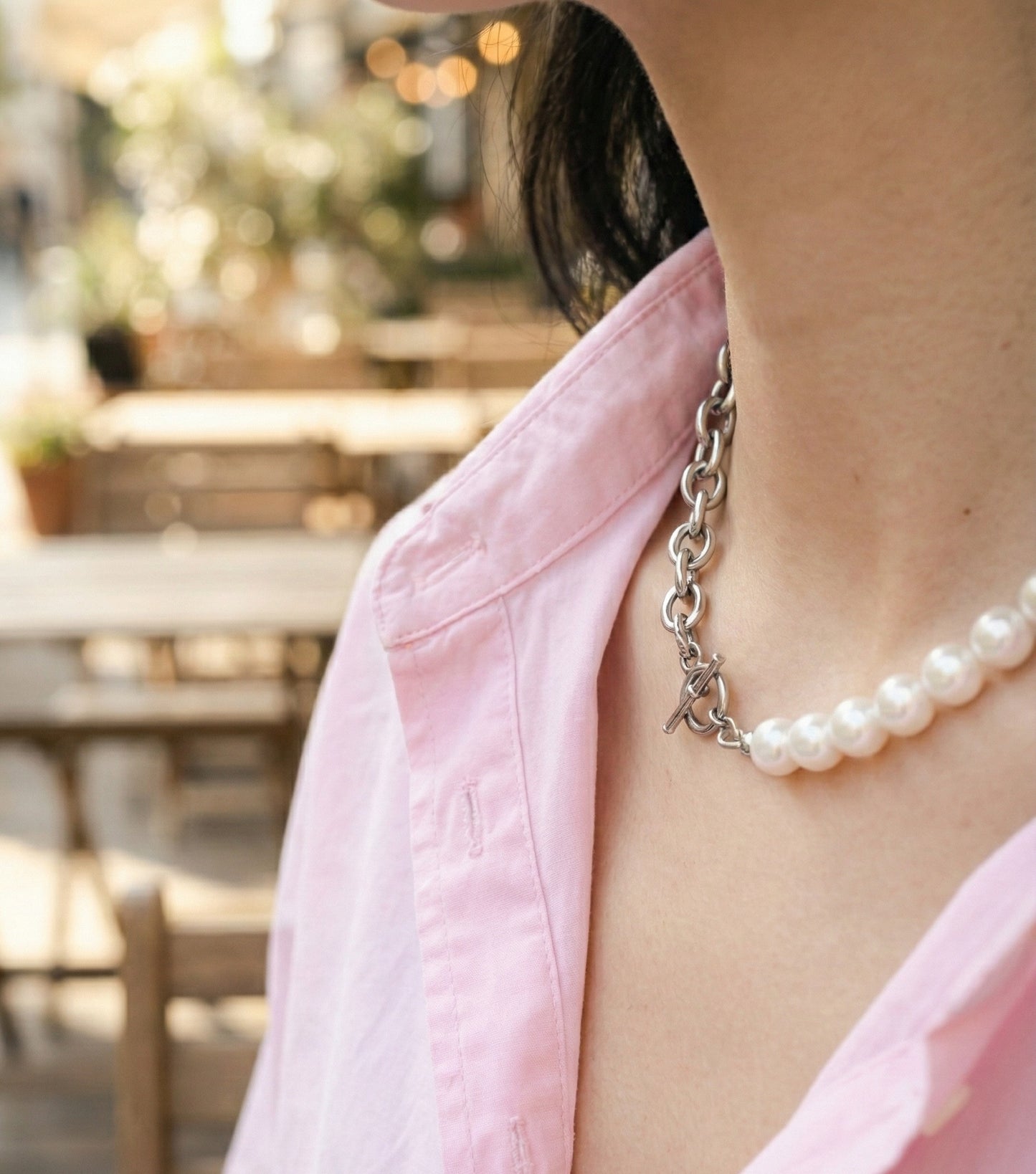 Half Pearl Half Chain Toggle Choker - Mixed Media Statement Necklace