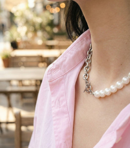 Half Pearl Half Chain Toggle Choker - Mixed Media Statement Necklace