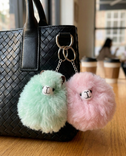 Make a stylish statement with our pastel alpaca fur keychains. The apple mint and baby pink fluffy charms perfectly complement any chic leather tote bag