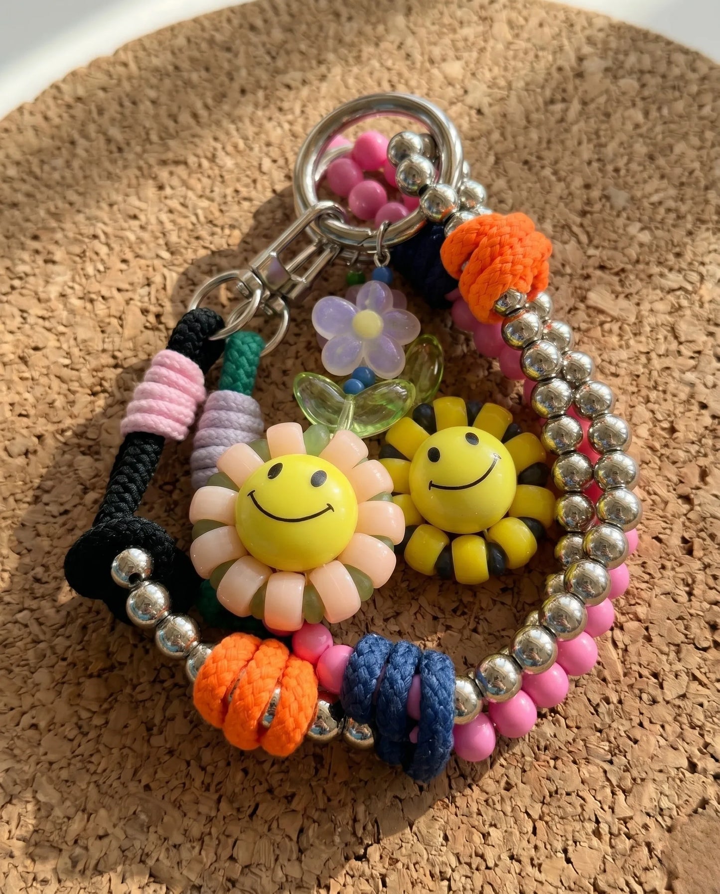 Handmade Smile Flower Beaded Strap Bag Charm Keychain – 4 Colors