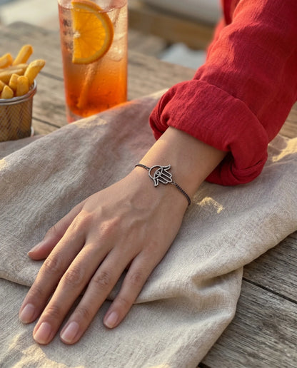 925 Sterling Silver Hamsa Hand Chain Bracelet — Handmade in Korea
