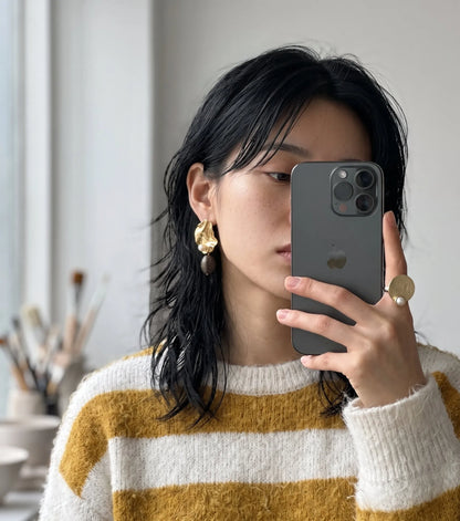 Gold Hammered Pearl Drop Earrings | K-Style Statement | Titanium Post