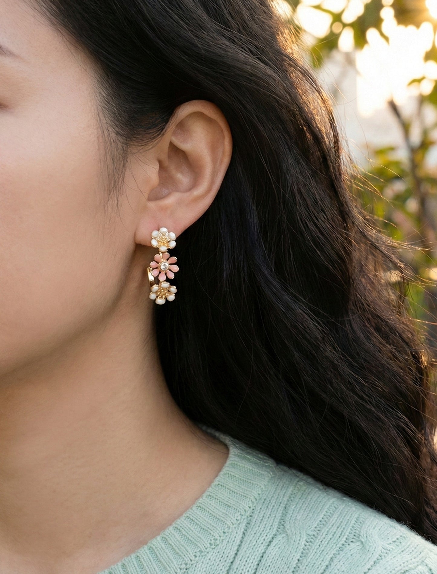 Korean Handmade Enamel Flower Hoop Earrings - Titanium Post (2 Colors)