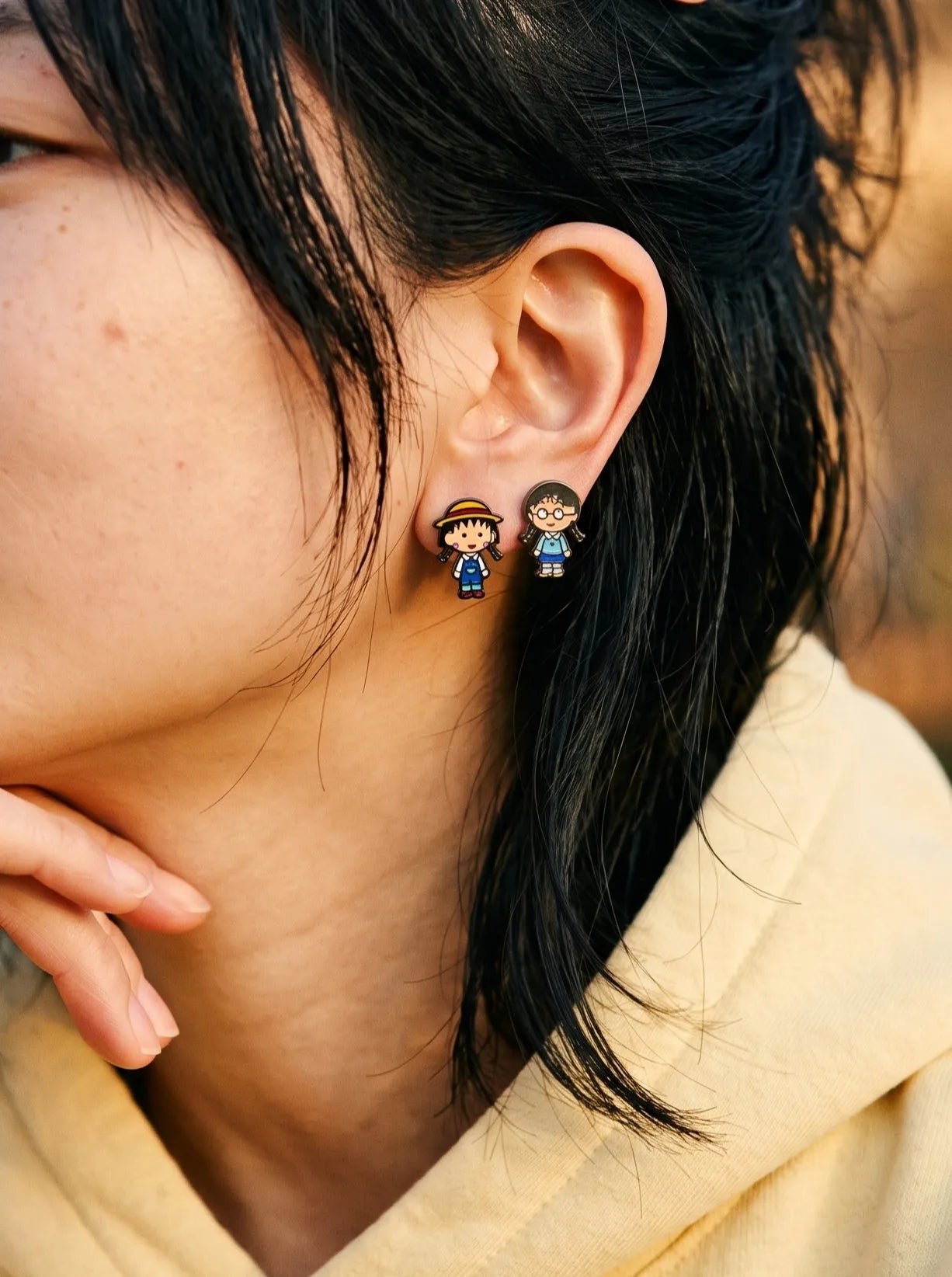 Maruko-chan Mismatch Stud Earrings – Enamel Anime Character