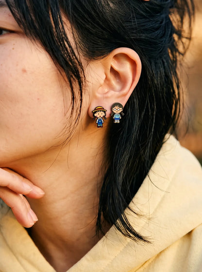 Maruko-chan Mismatch Stud Earrings – Enamel Anime Character