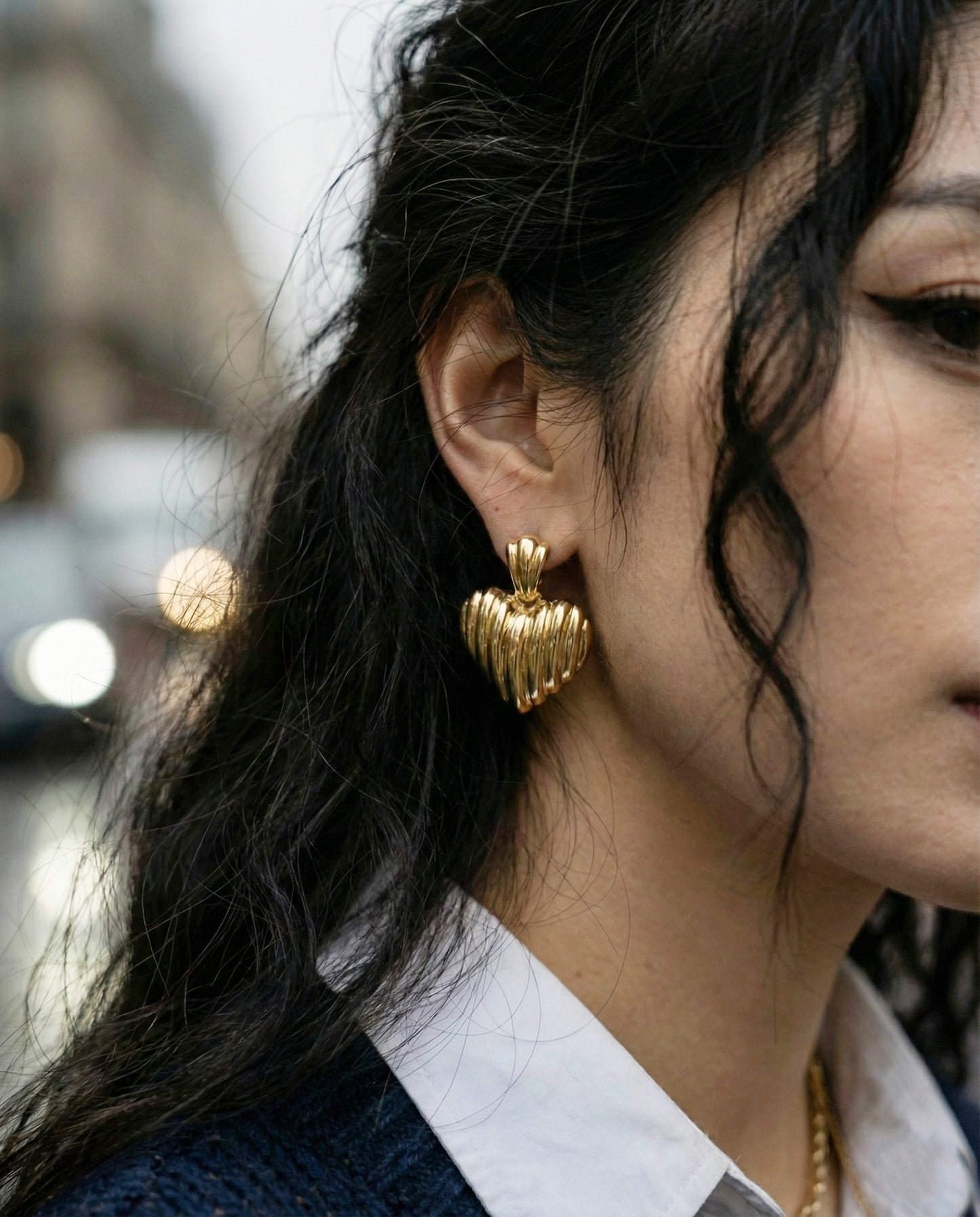 Chunky Ribbed Heart Earrings - Vintage Gold & Silver Statement Studs