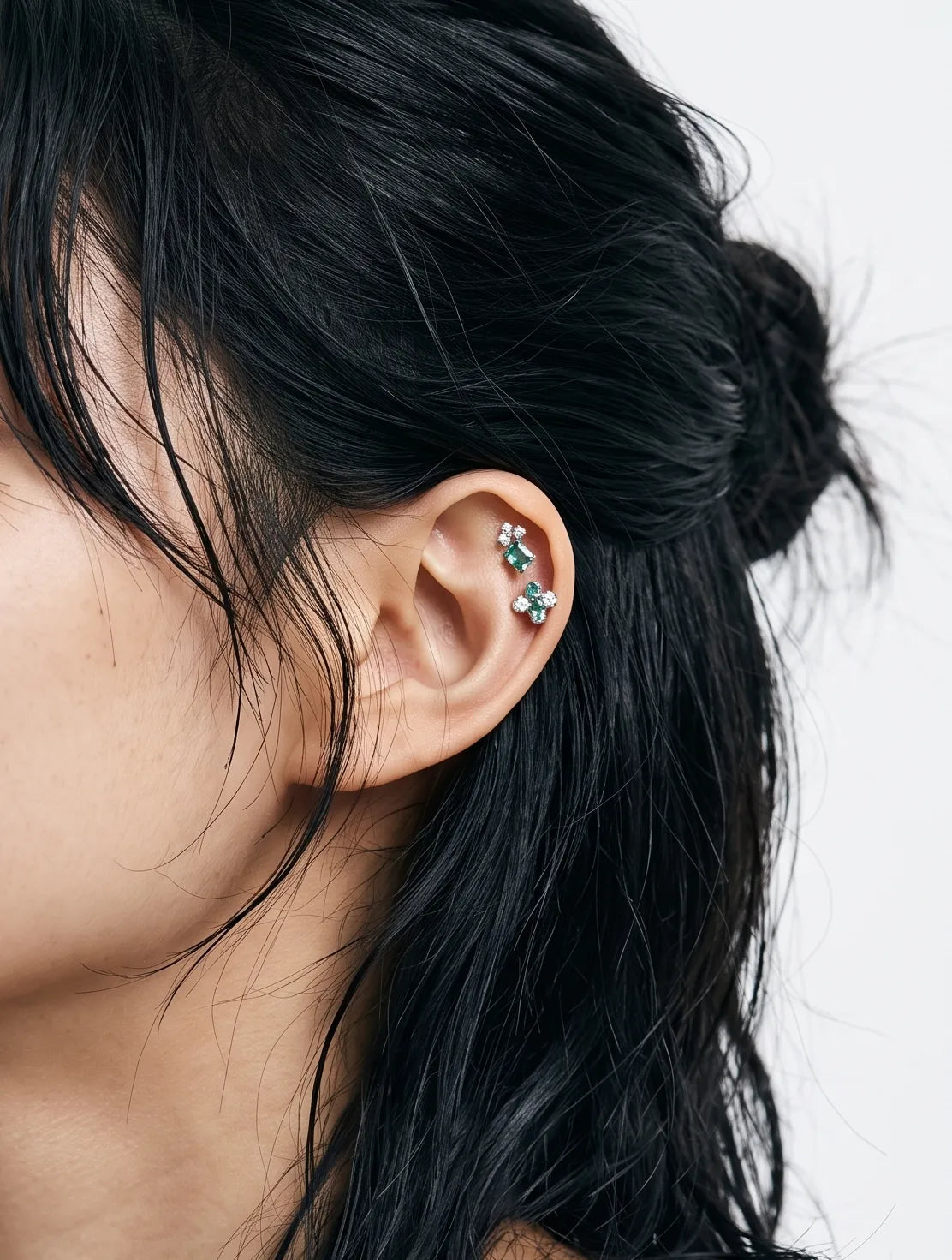 Emerald Clover Barbell Stud | Brass + Surgical Steel | K-Style Ear Stack (Single)