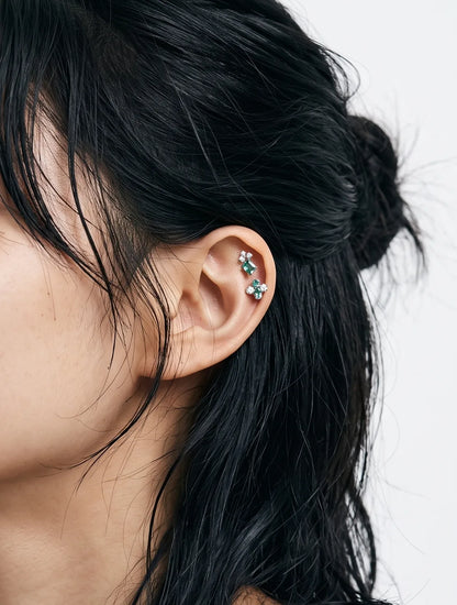 Emerald Clover Barbell Stud | Brass + Surgical Steel | K-Style Ear Stack (Single)