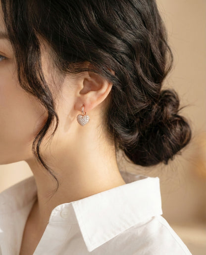 Pave Cubic Zirconia Puffy Heart Huggie Hoop Earrings Gold Silver Rose Gold