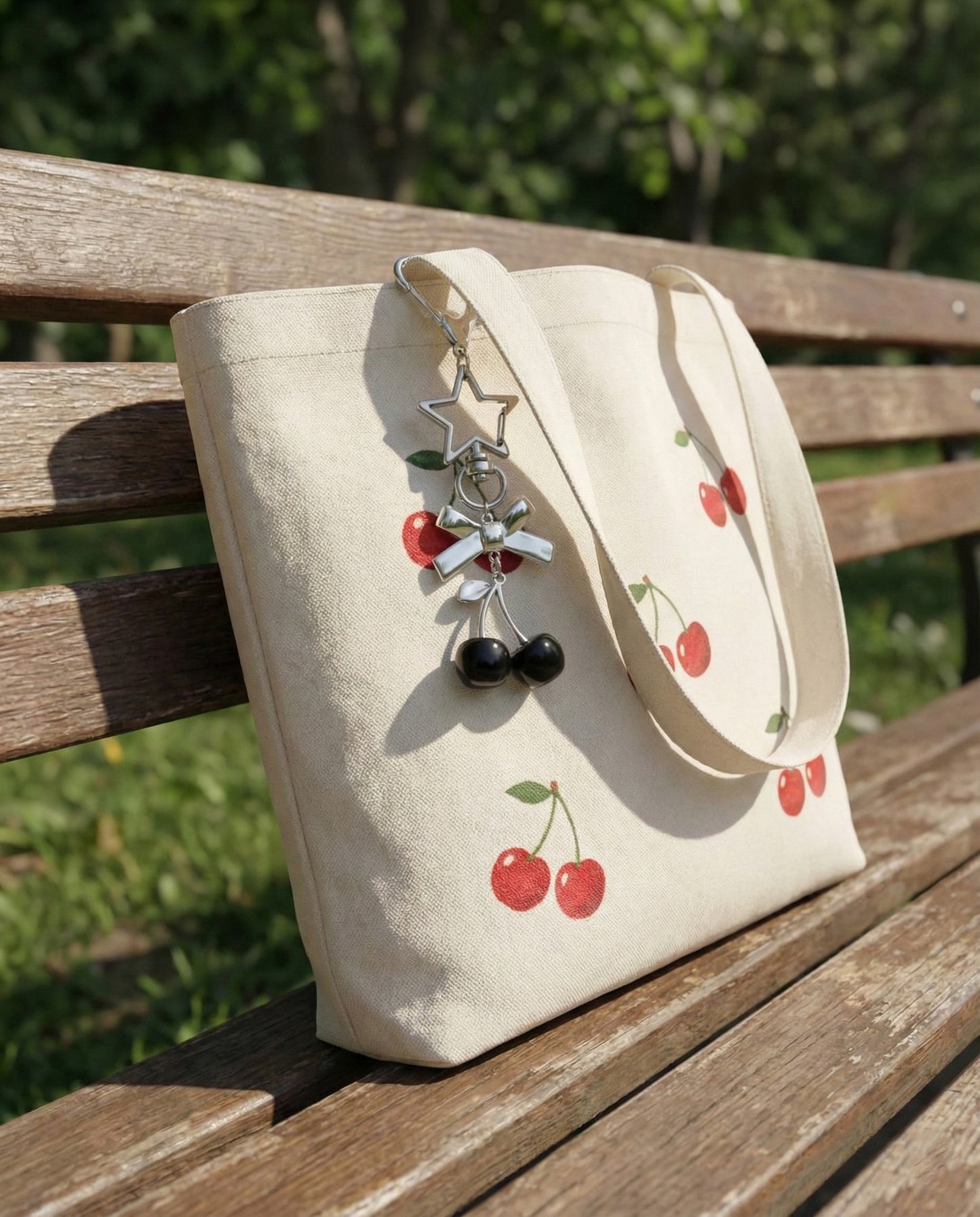 Black rhinestone heart keyring clipped to a grey heart-print tote bag on a park bench