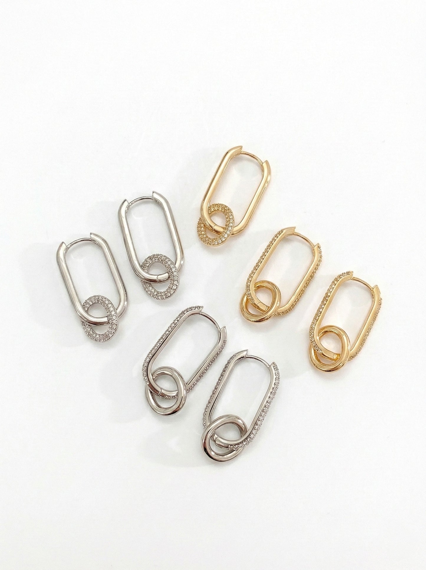 Brass Pavé CZ Oval Link Drop Huggie Hoop Earrings - Gold & Silver