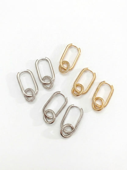 Brass Pavé CZ Oval Link Drop Huggie Hoop Earrings - Gold & Silver