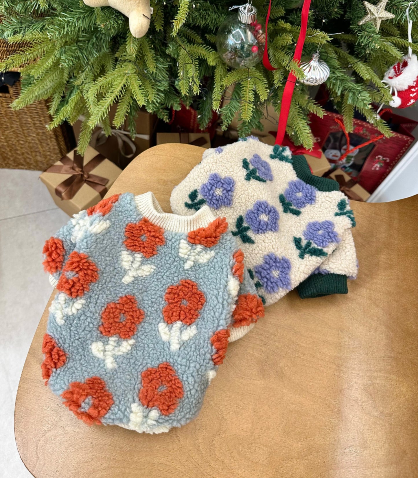 Floral Embroidery Dog Sherpa Fleece Sweater - Winter Pullover