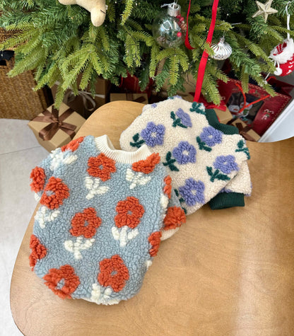 Floral Embroidery Dog Sherpa Fleece Sweater - Winter Pullover