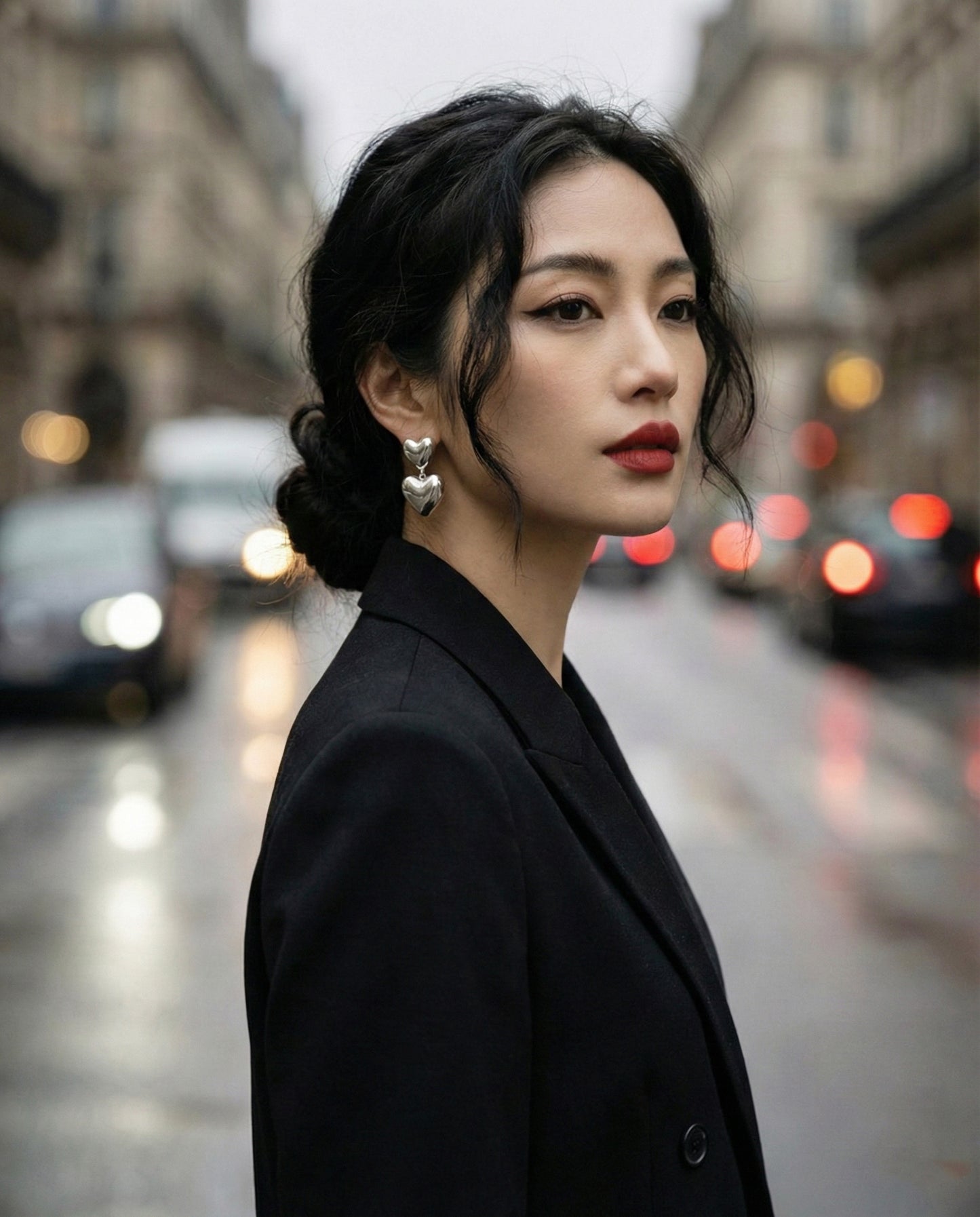 Model in black blazer wearing silver heart earrings - urban fashion editorial
