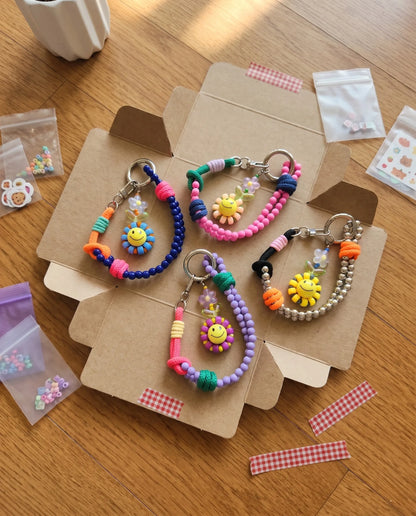 Handmade Smile Flower Beaded Strap Bag Charm Keychain – 4 Colors