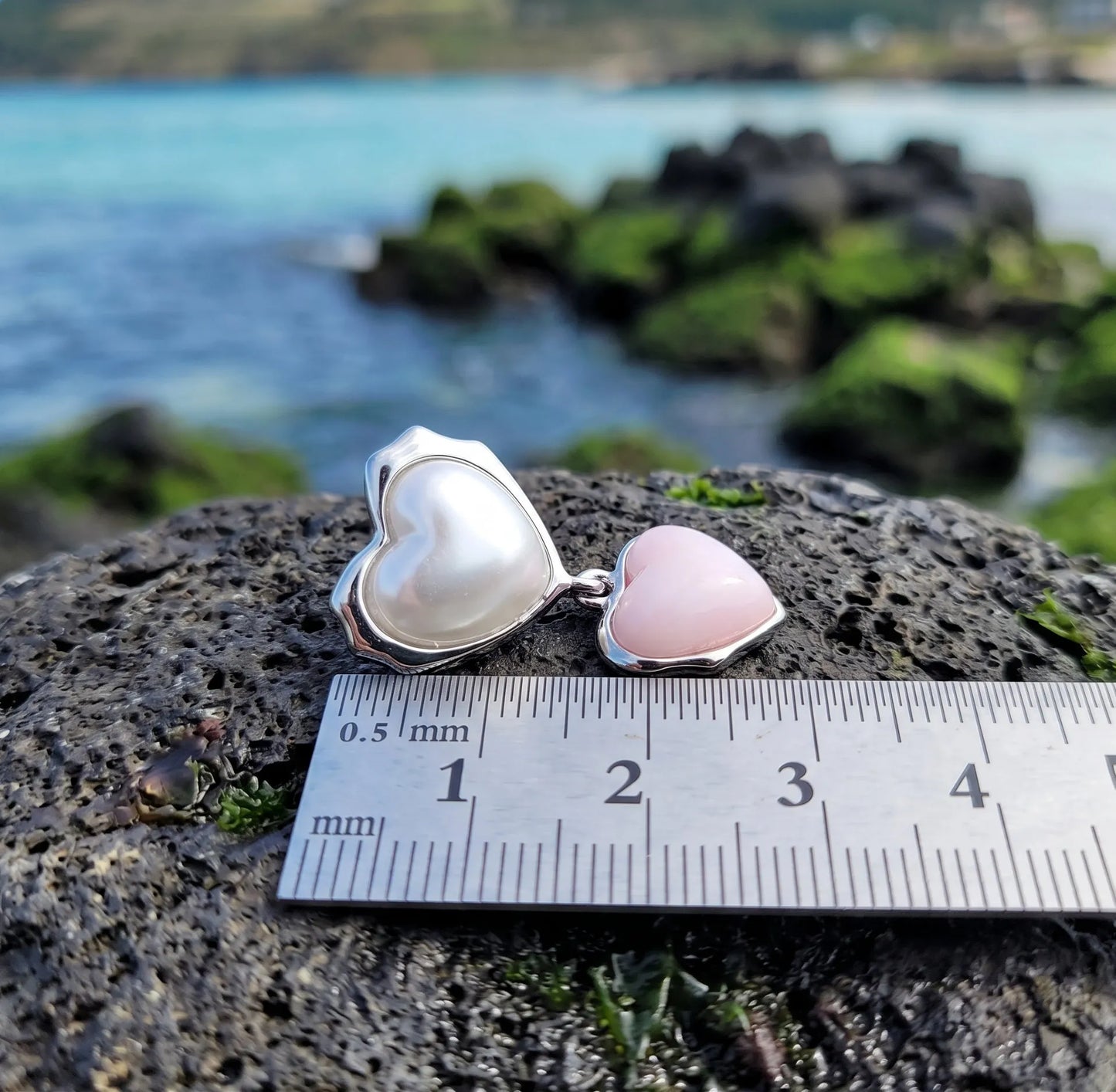 Chunky Double Heart Drop Earrings – Pearl & Color Block