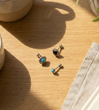 Vintage 925 Silver Post Barbell Stud Earrings - Turquoise & Onyx