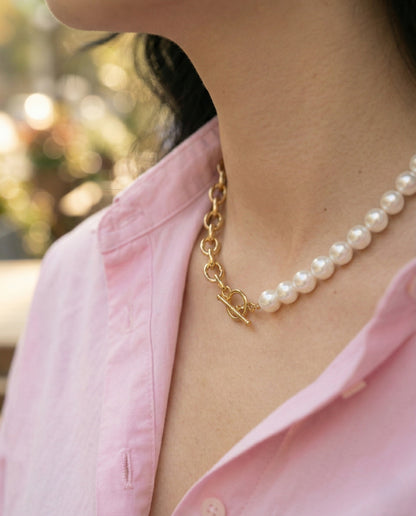 Half Pearl Half Chain Toggle Choker - Mixed Media Statement Necklace