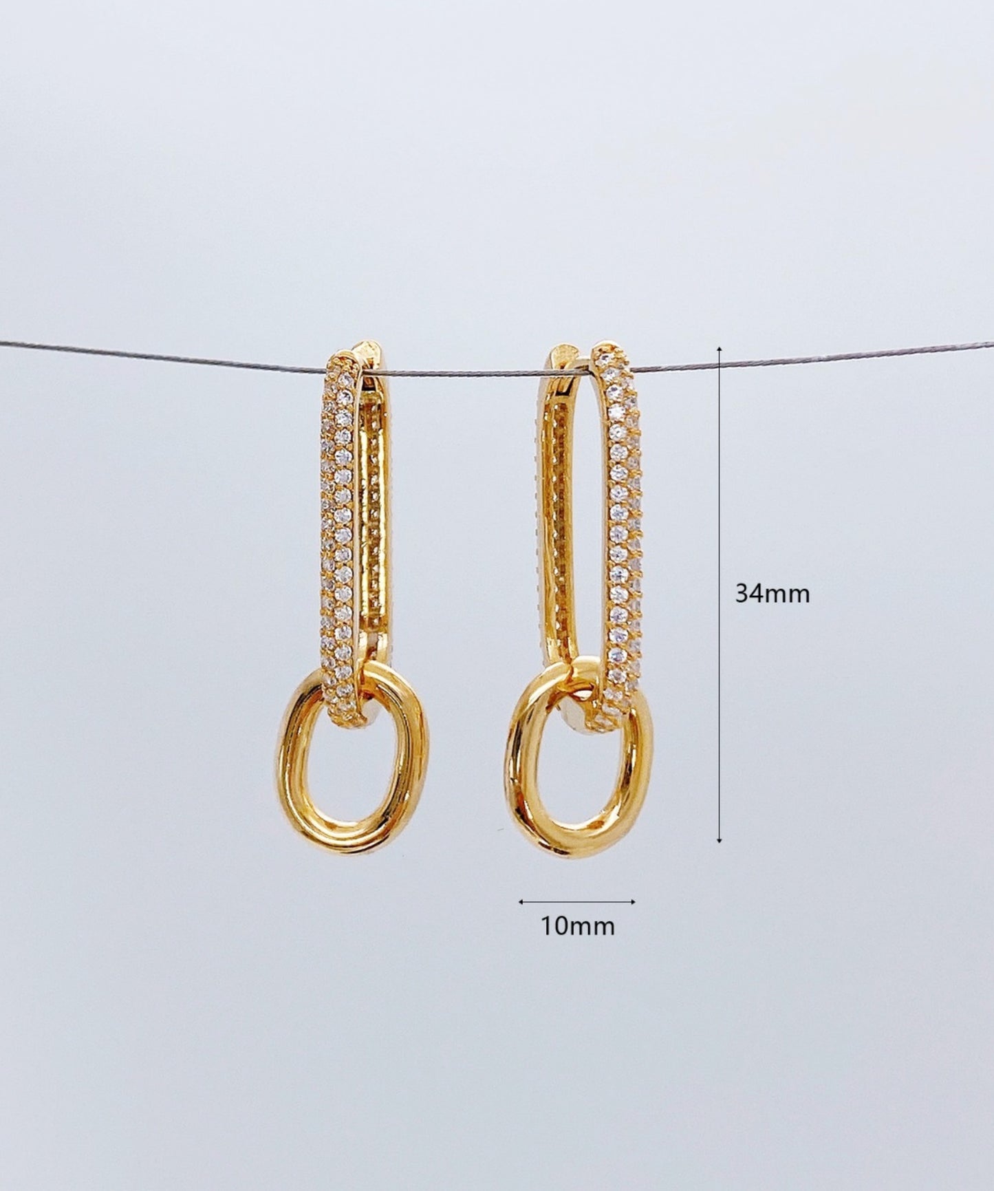 Brass Pavé CZ Oval Link Drop Huggie Hoop Earrings - Gold & Silver