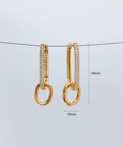 Brass Pavé CZ Oval Link Drop Huggie Hoop Earrings - Gold & Silver