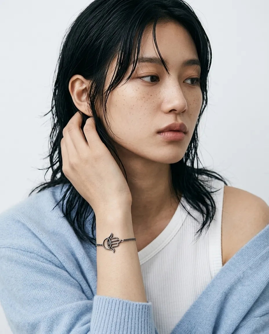925 Sterling Silver Hamsa Hand Chain Bracelet — Handmade in Korea