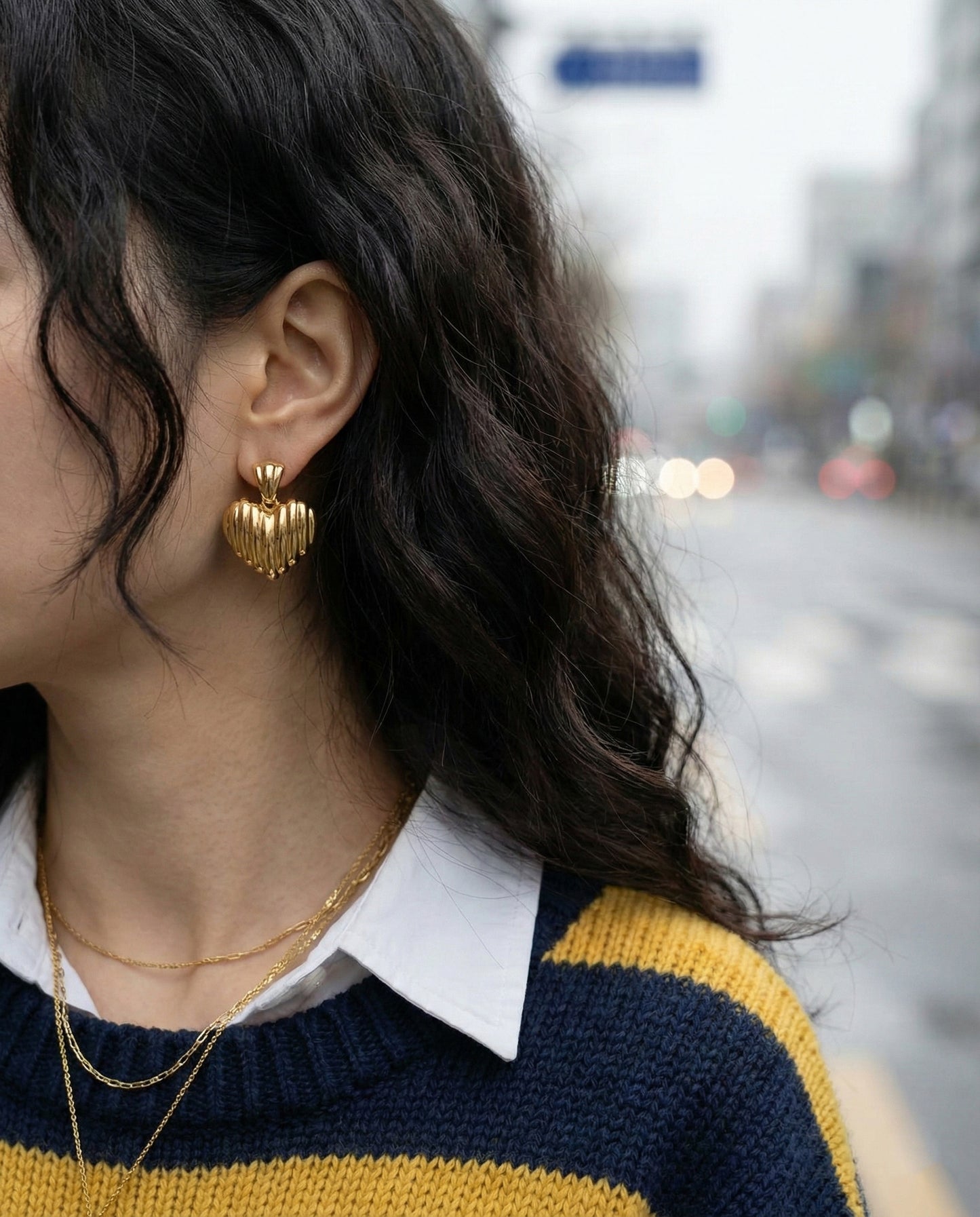 Chunky Ribbed Heart Earrings - Vintage Gold & Silver Statement Studs
