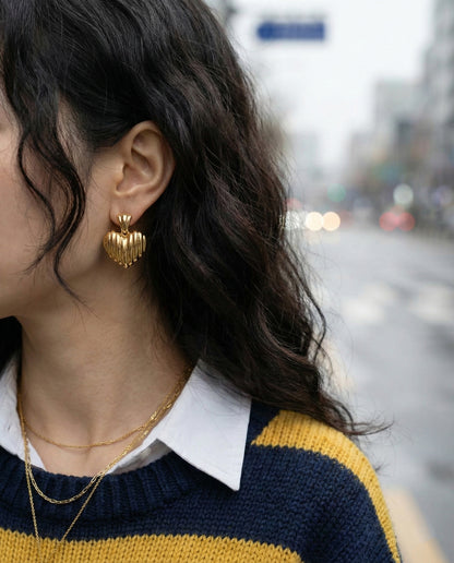 Chunky Ribbed Heart Earrings - Vintage Gold & Silver Statement Studs