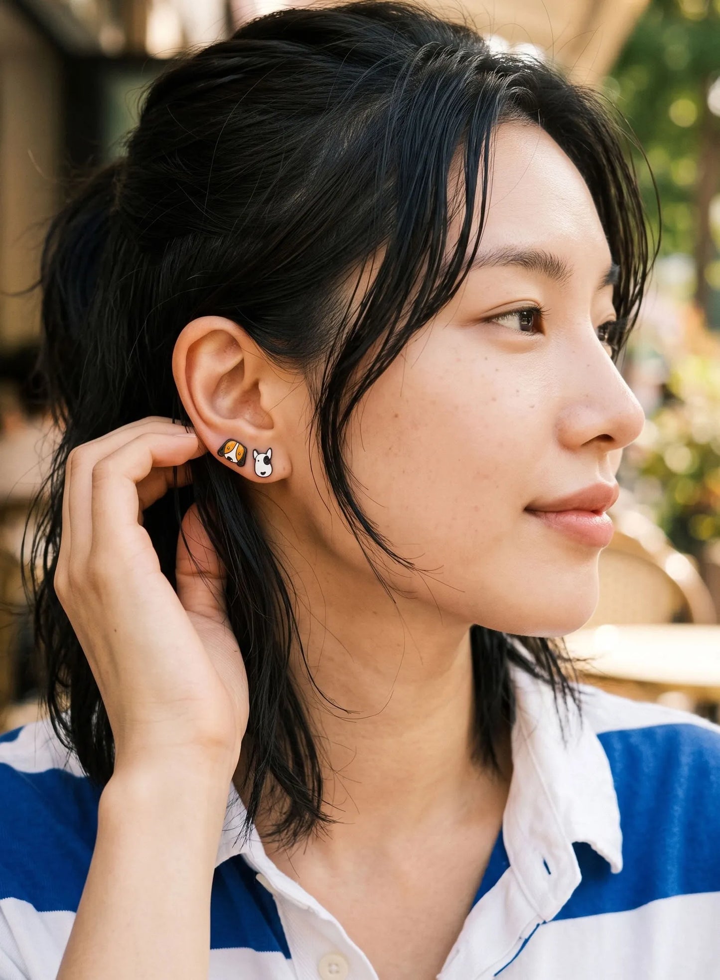 Model wearing bull terrier and French bulldog enamel stud earrings — dog mom gift jewelry, K-style street look, handmade in Korea